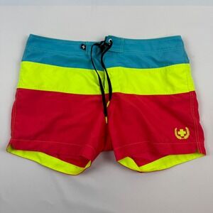 Andrew Christian Mens Colorblock Swim Trunks Red Neon Yellow Teal Size 36 7331
